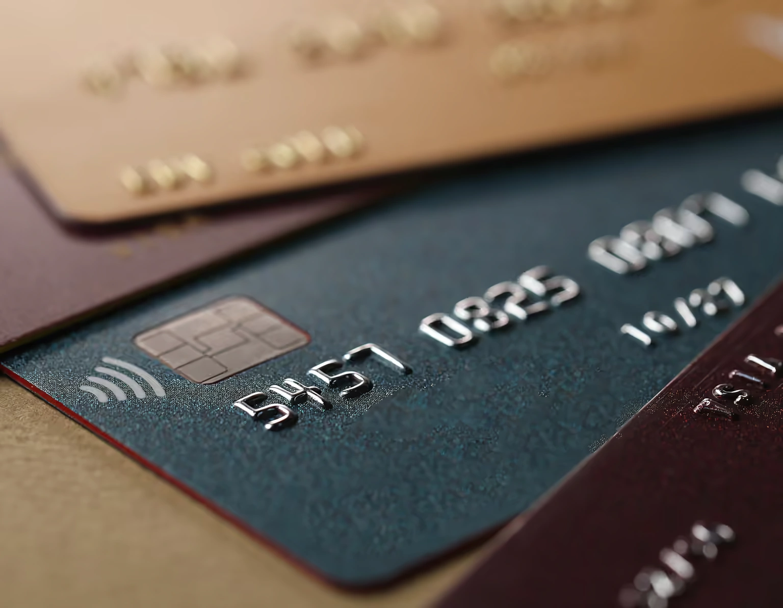 Tarjetas bancarias con chip y símbolo de pago sin contacto.