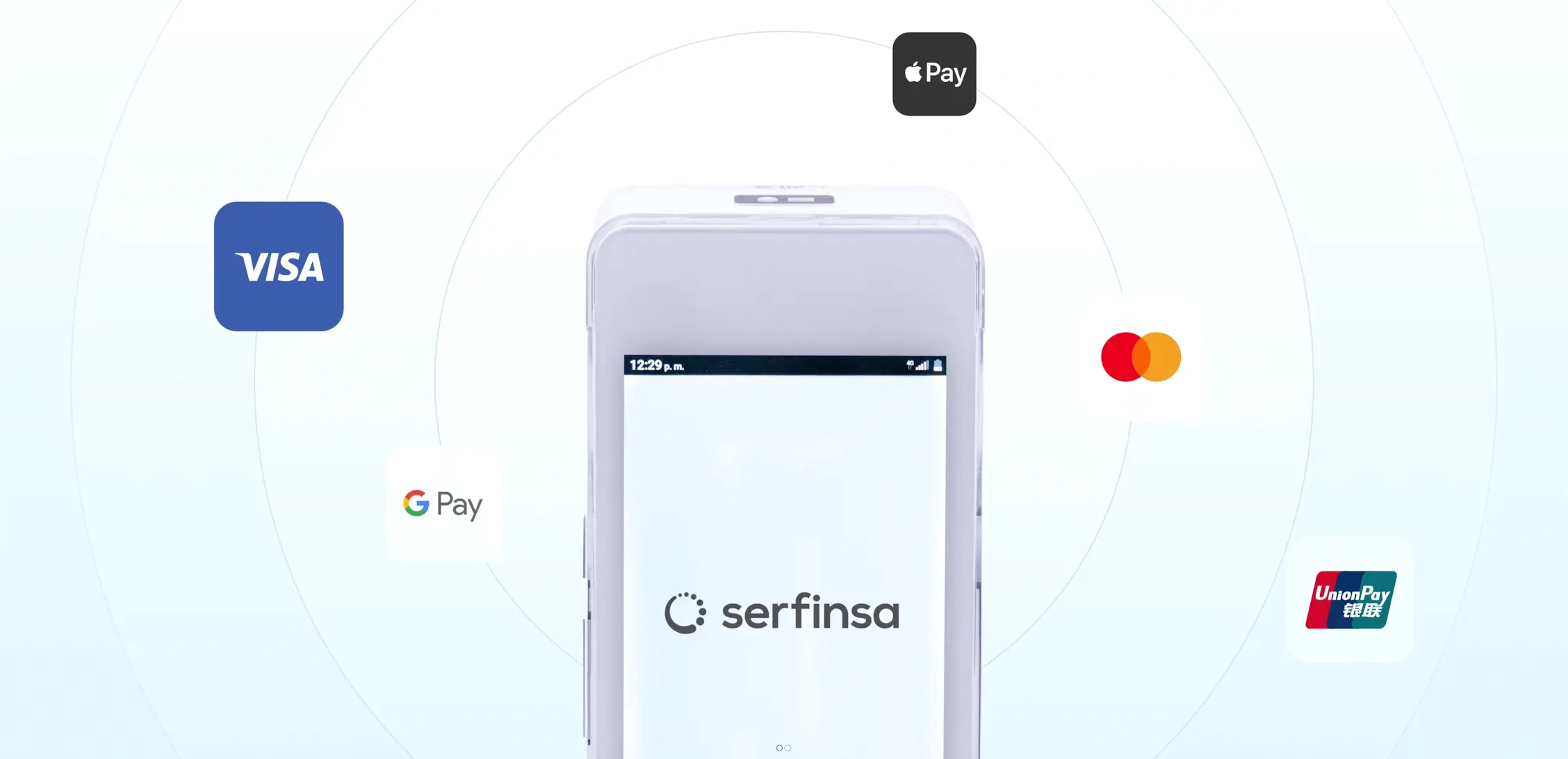 Pantalla de dispositivo Serfinsa rodeada por logos de Visa, Apple Pay, Mastercard, Google Pay y UnionPay.