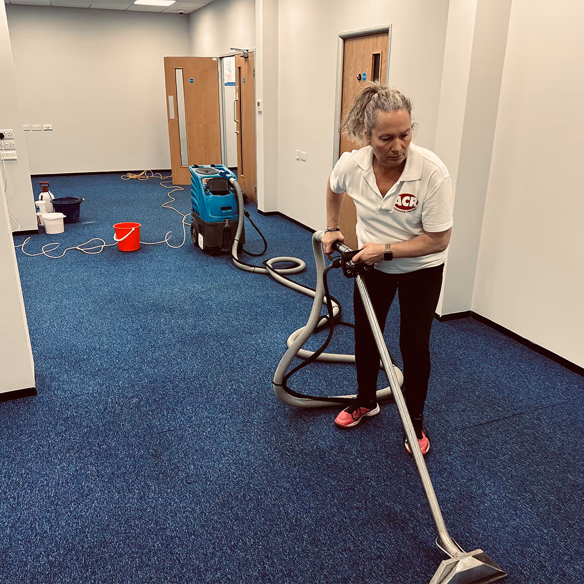 ACR Cleaning Ltd technician is providing commercial carpet cleaning, ensuring a high-quality service every time.