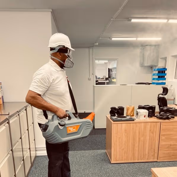 ACR Cleaning Ltd technician is providing anti-viral fogging for a commercial space.
