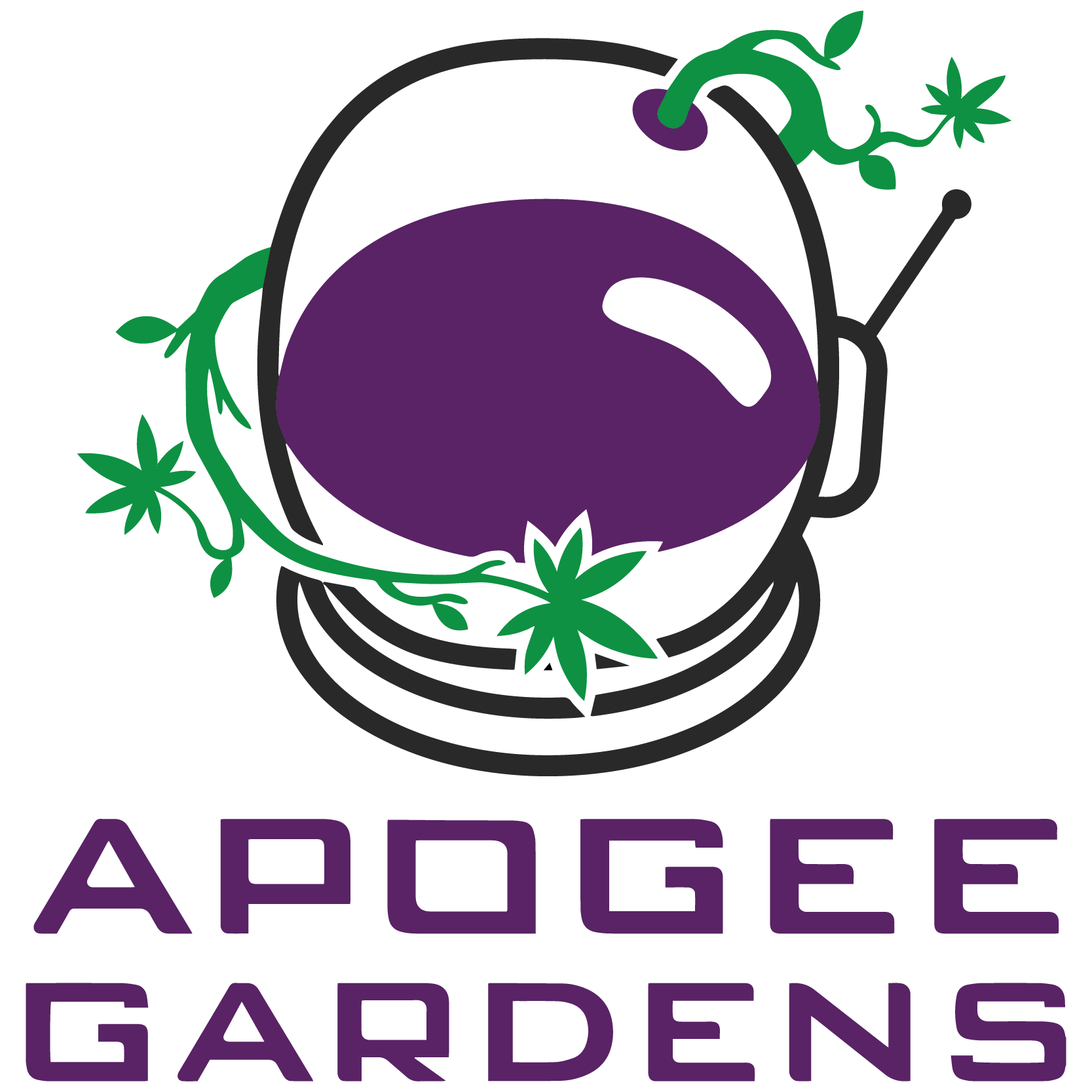 Apogee Gardens logo. Purple astronaut helmet with hemp vines around it.
