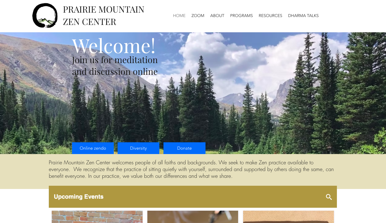 Website homepage of Prairie Mountain Zen Center with a mountain and forest background and welcome message for meditation online.