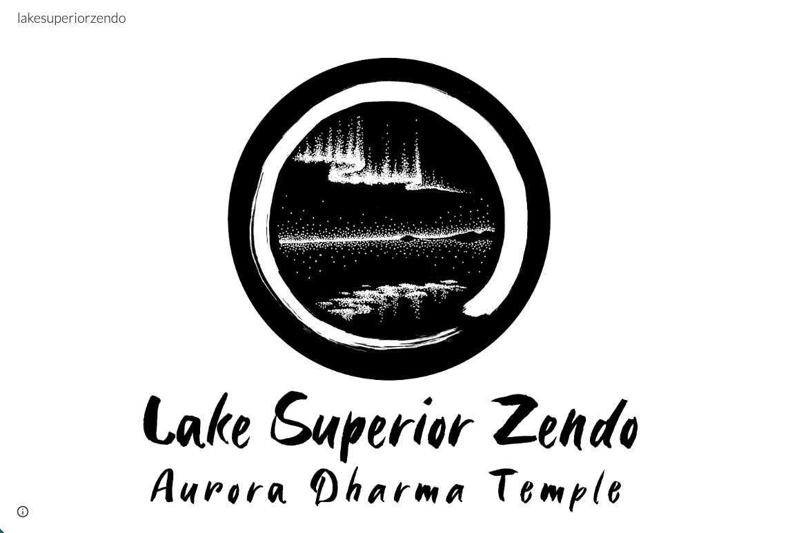 Black and white circular Zen brushstroke design with stars and aurora inside, accompanied by text 'Lake Superior Zendo Aurora Dharma Temple'.