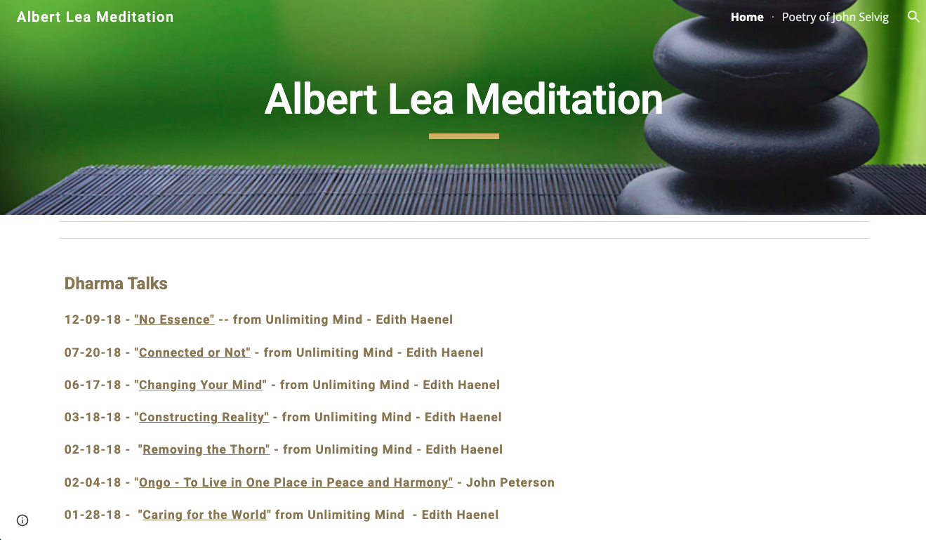 Albert Lea Meditation webpage header with stacked black meditation stones on a green background and a list of Dharma Talks with dates and titles by Edith Haenel and John Peterson.
