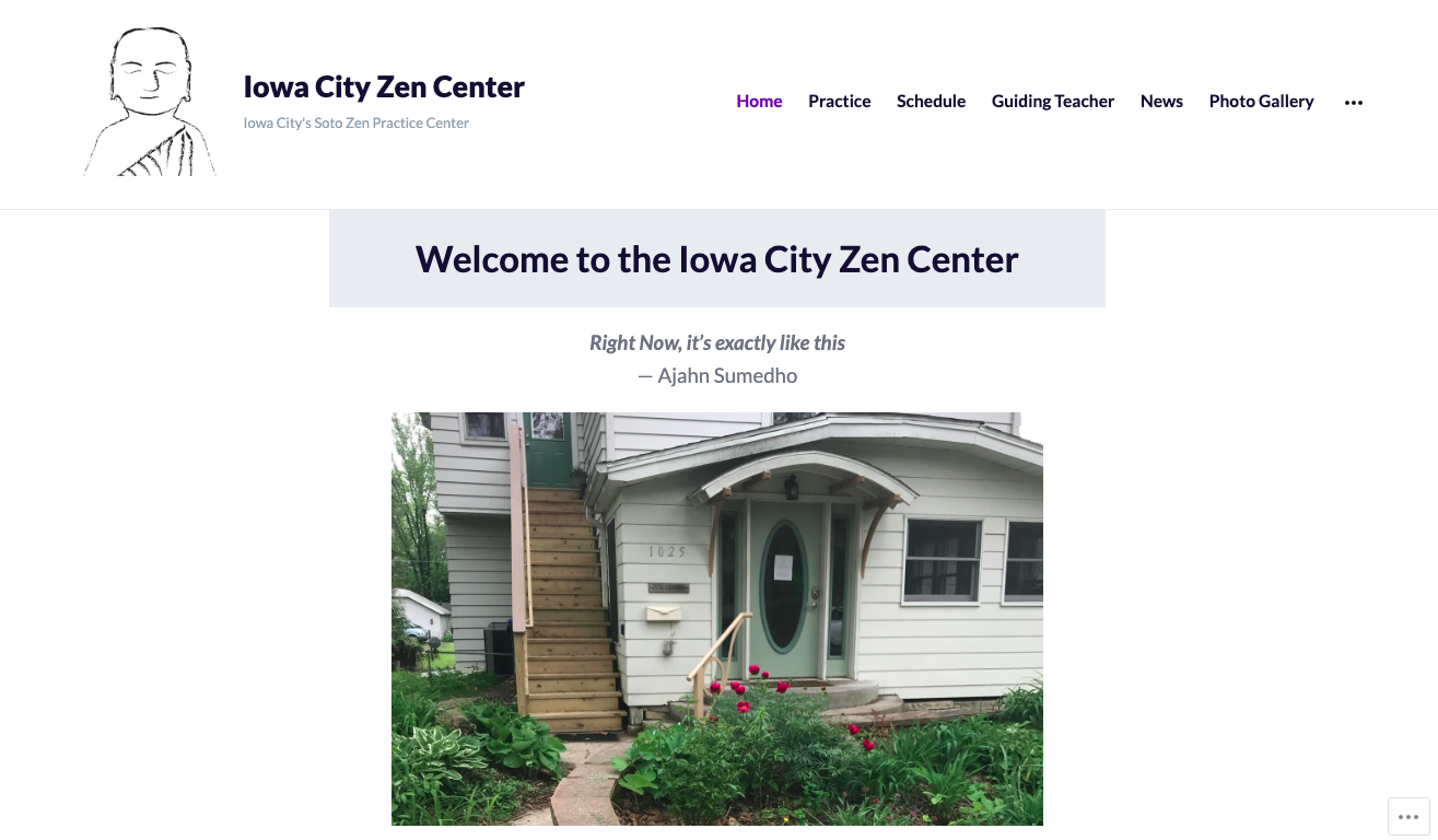 Iowa city zen center website image.
Front entrance of Iowa City Zen Center with green door, mailbox, stairs, and lush garden with flowers.