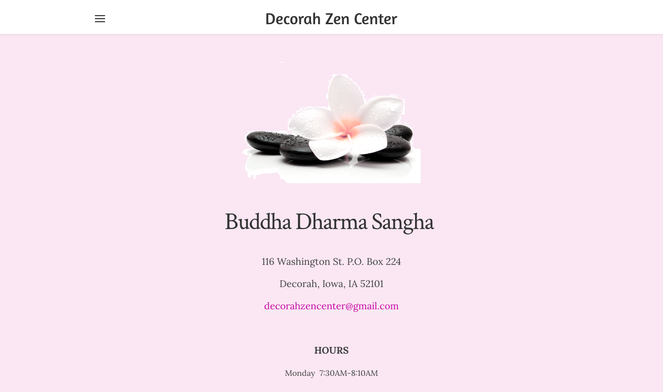 Decorah Zen Center webpage with a white flower on black stones and contact information including address and email.