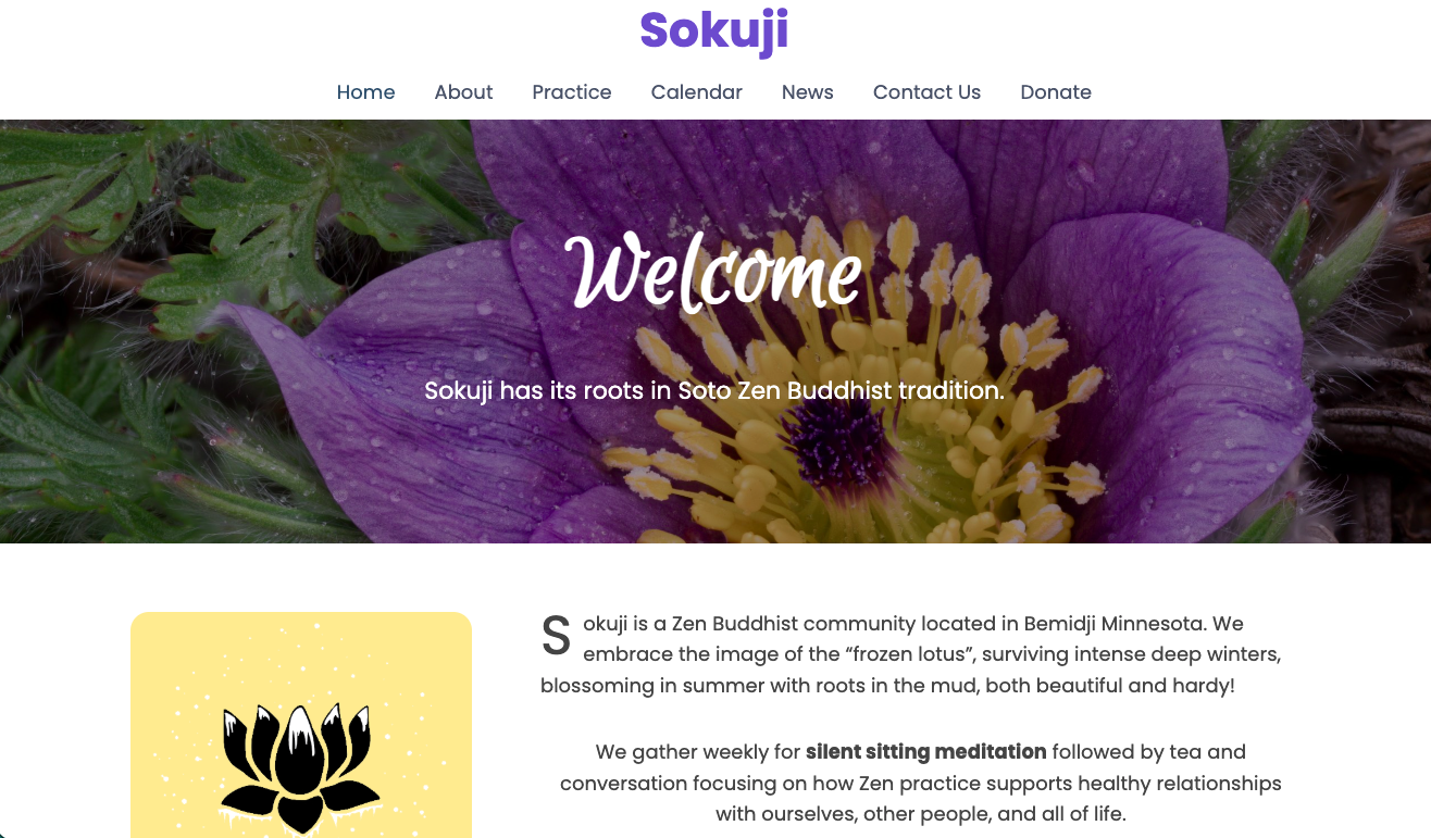 Website header with purple flower background, text welcoming visitors to Sokuji Zen Buddhist community in Bemidji Minnesota, and a black lotus illustration on a yellow square.