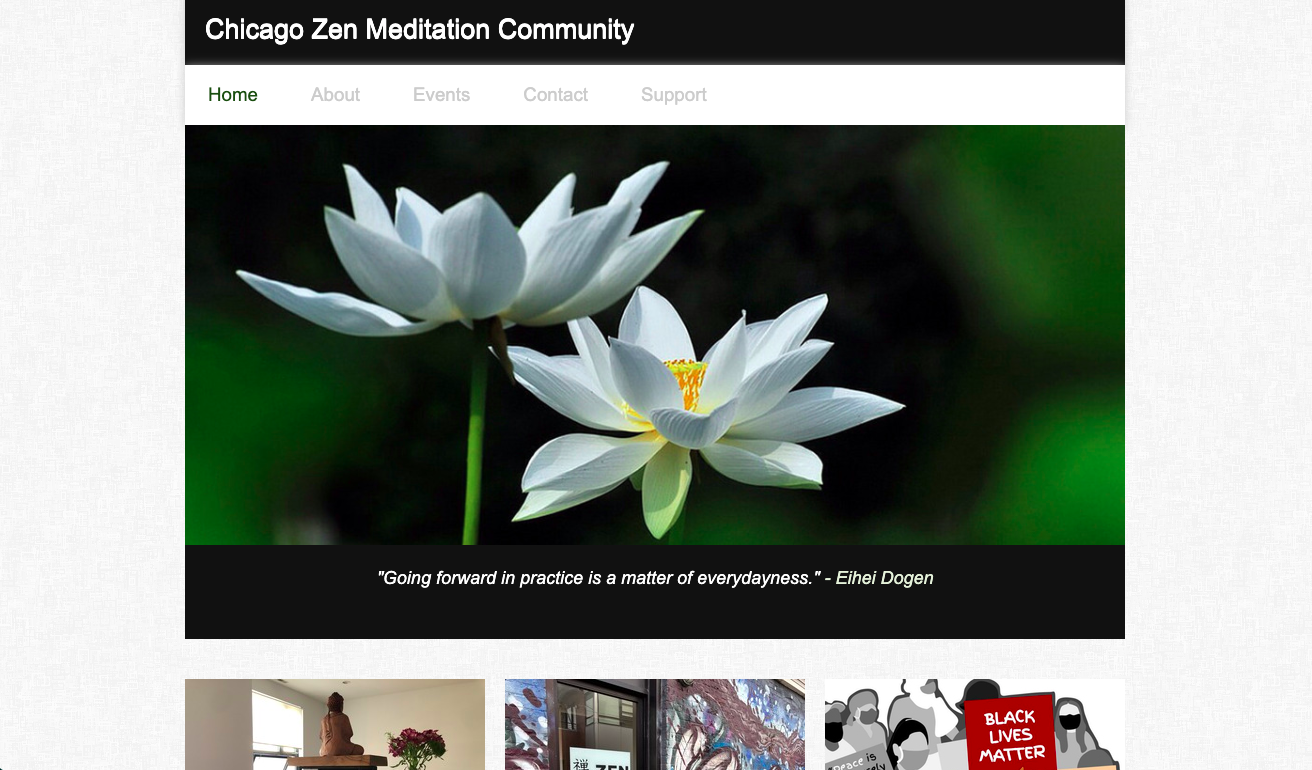 Chicago Zen Meditation Community website image. Two white lotus flowers in bloom against a dark blurred background.