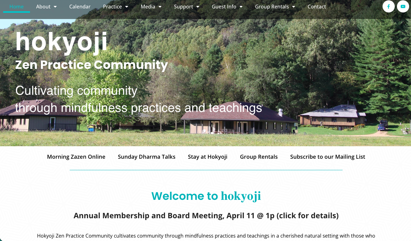 Hokyoji Zen Practice Community website homepage showing three buildings in a green field surrounded by forested hills.