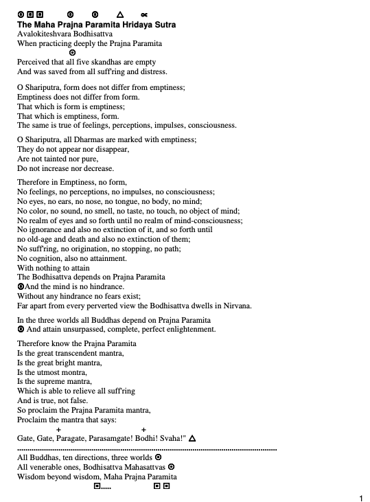 Text of the Maha Prajna Paramita Hridaya Sutra, a Buddhist scripture discussing emptiness and Prajna Paramita, with symbolic icons among the text.