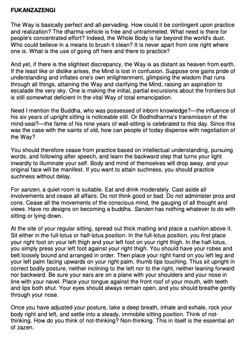 Text titled Fukanzazengi explaining the perfection of the Way, the importance of practice over intellectual understanding, the Buddha's influence, instructions for a proper seated meditation posture, and the concept of non-thinking in zazen practice.