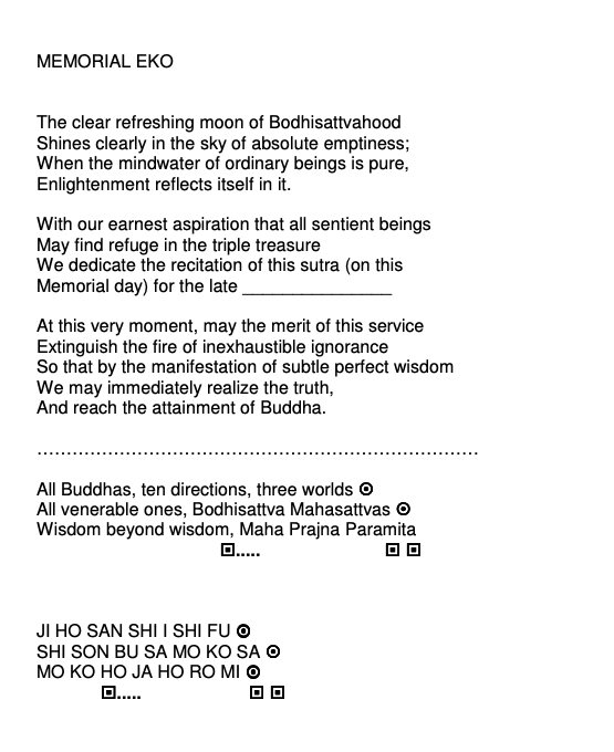 Text titled 'MEMORIAL EKO' featuring a Buddhist memorial prayer about enlightenment, merit, and wisdom, with sections for dedication and recitation.