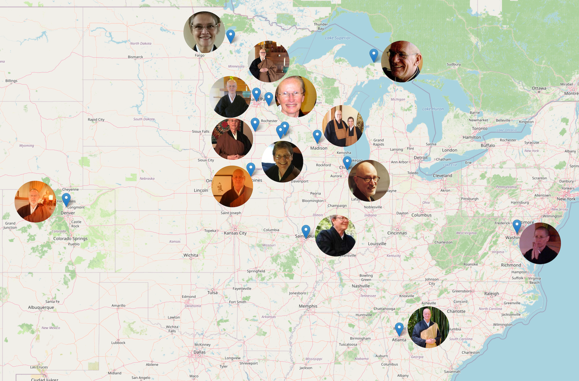 Map of the United States with location pins and circular portraits of people spread across the Midwest and eastern regions.