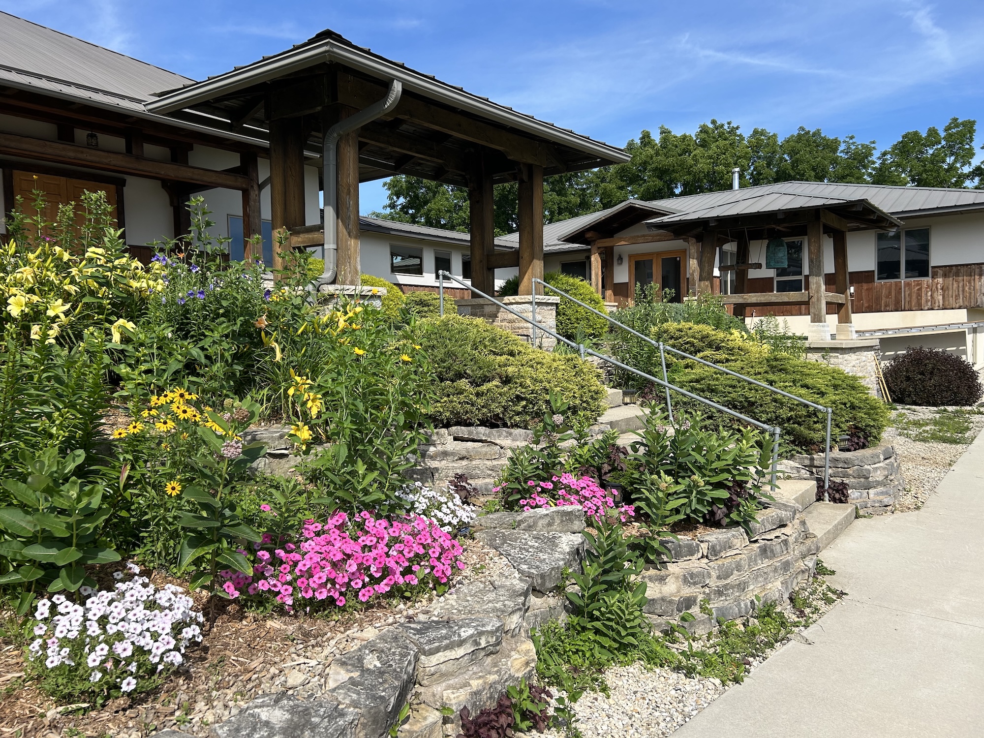 Modern house with stone steps and a garden bed with yellow, pink, and white flowers under a clear blue sky.