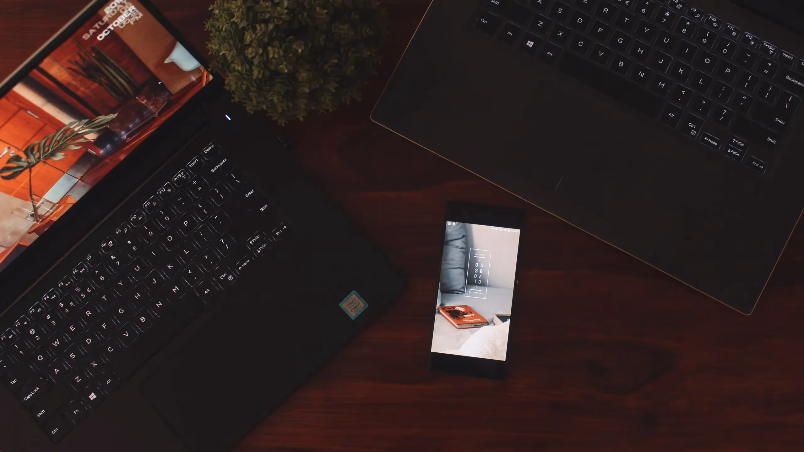 Two black laptops and a smartphone on a wooden surface, with a small green plant nearby.