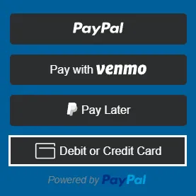 Payment options buttons for PayPal, Venmo, Pay Later, and Debit or Credit Card with PayPal branding.
