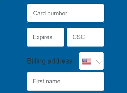 Payment form fields for card number, expiry date, CSC, billing address with country dropdown showing US flag, and first name input.