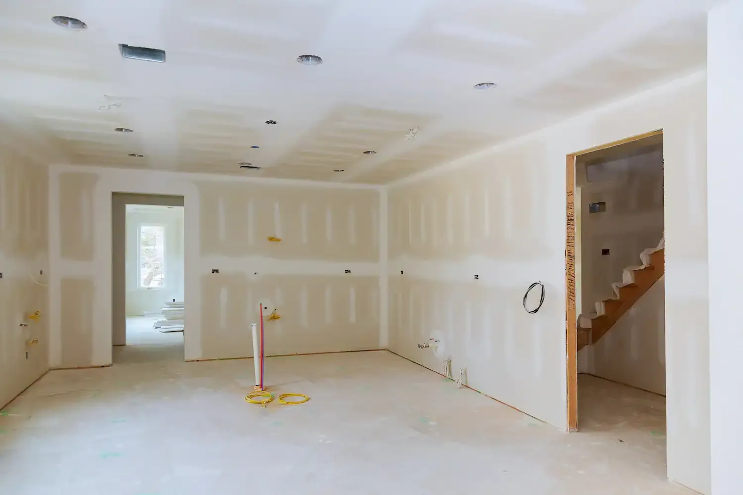 Interior of a room under construction with unfinished drywall, exposed pipes, and open doorways, including a staircase on the right.