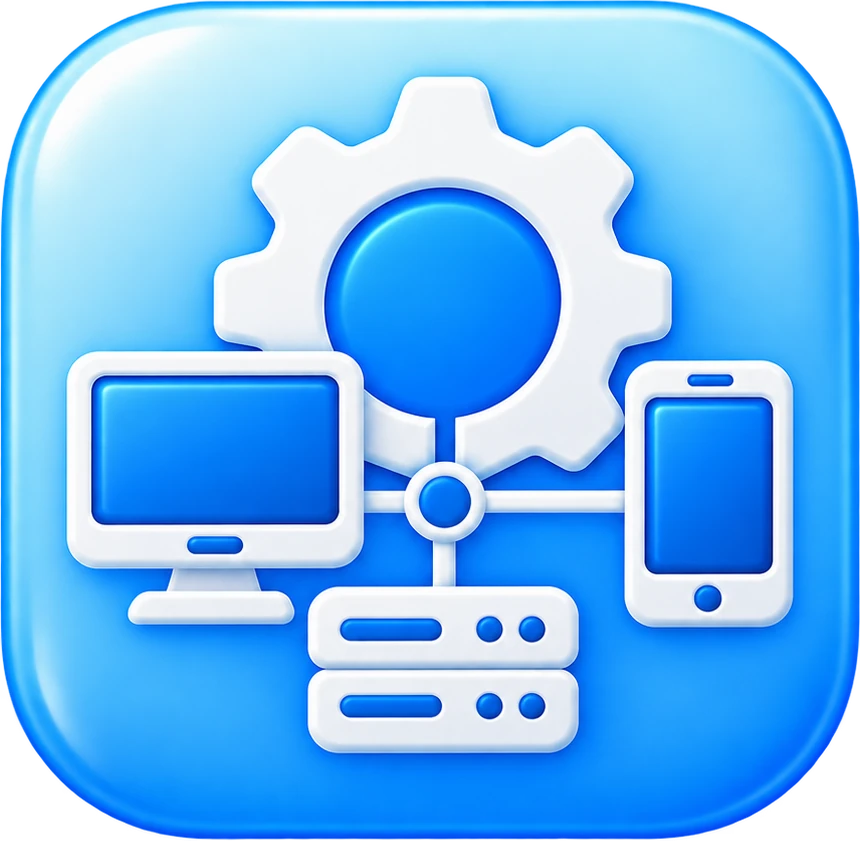Technology management icon representing centralized business IT systems, devices, and infrastructure