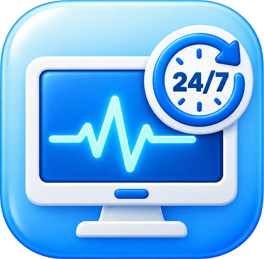 24/7 IT monitoring icon representing continuous system health, performance, and availability monitoring