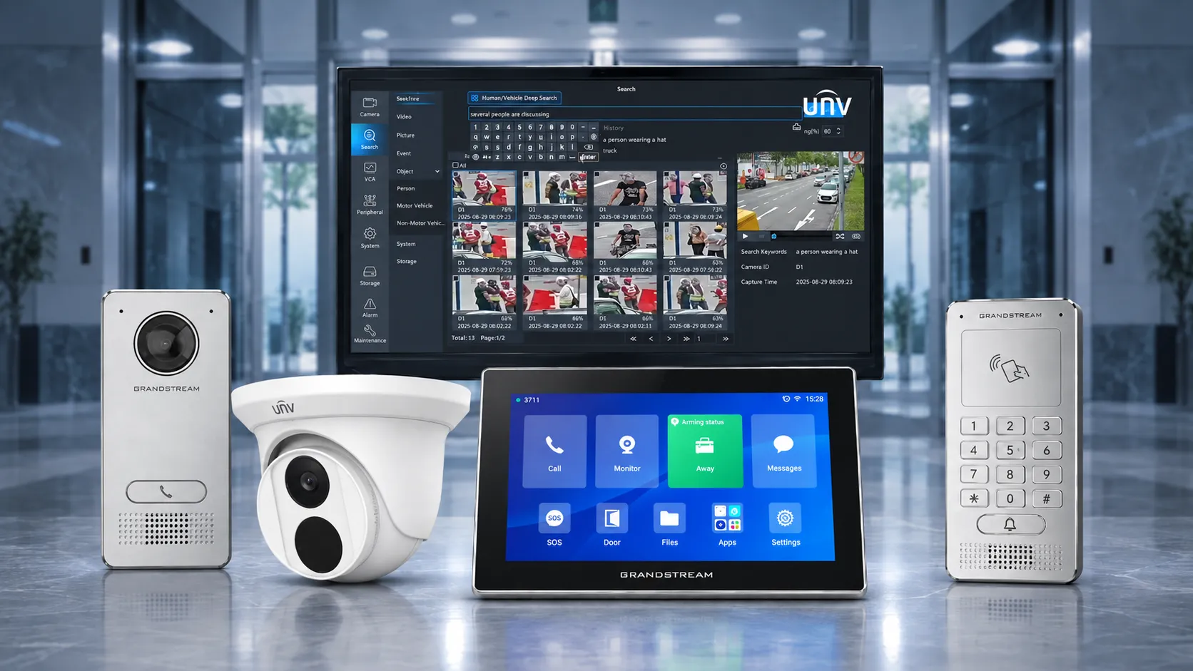 A set of commercial security devices including two Grandstream intercom panels with keypads, a UNV white dome security camera, a Grandstream touchscreen control panel displaying communication and security options, and a monitor screen showing a search interface with camera footage thumbnails and filters.