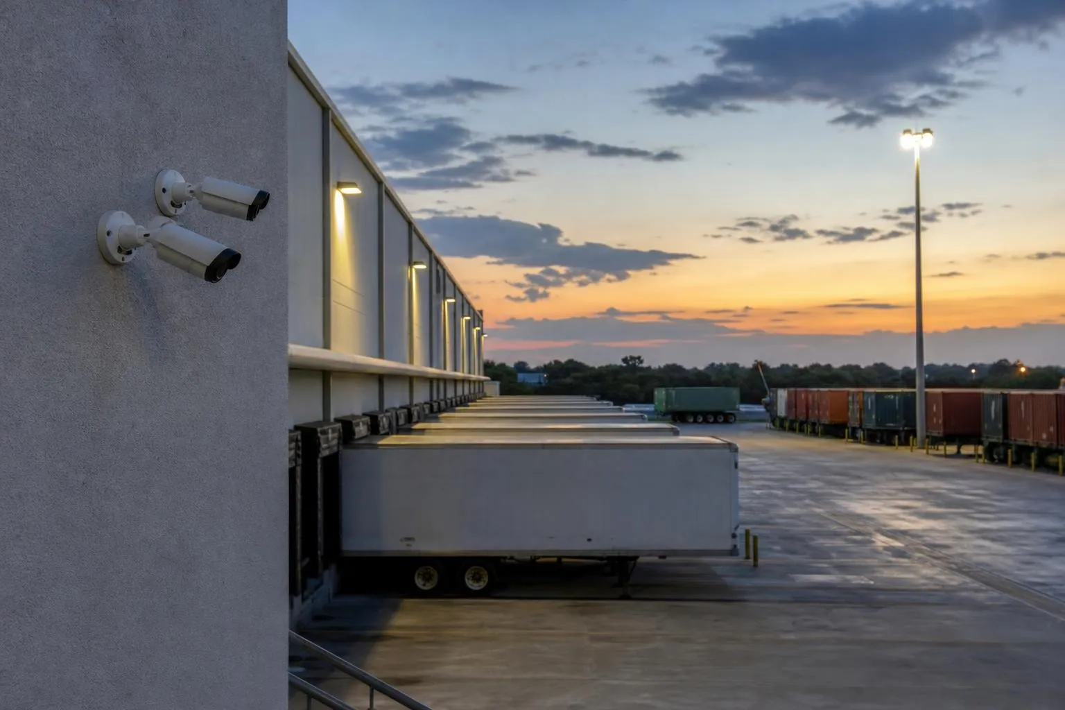 Two security cameras mounted on the side of a warehouse building overlooking several truck trailers backed into loading bays during sunset with a partly cloudy sky and a tall illuminated light pole in the background.