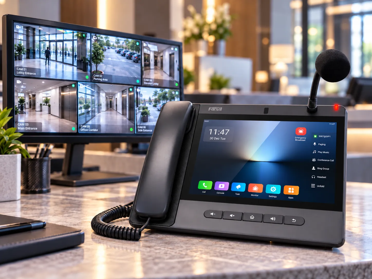 Modern Fanvil security console phone with touchscreen, handset, and microphone on a desk showing options like call, console, task, monitor, settings, and apps, with a monitor displaying six security camera feeds of a lobby, parking area, elevator lobby, main entrance, office corridor, and side entrance in a well-lit office lobby.