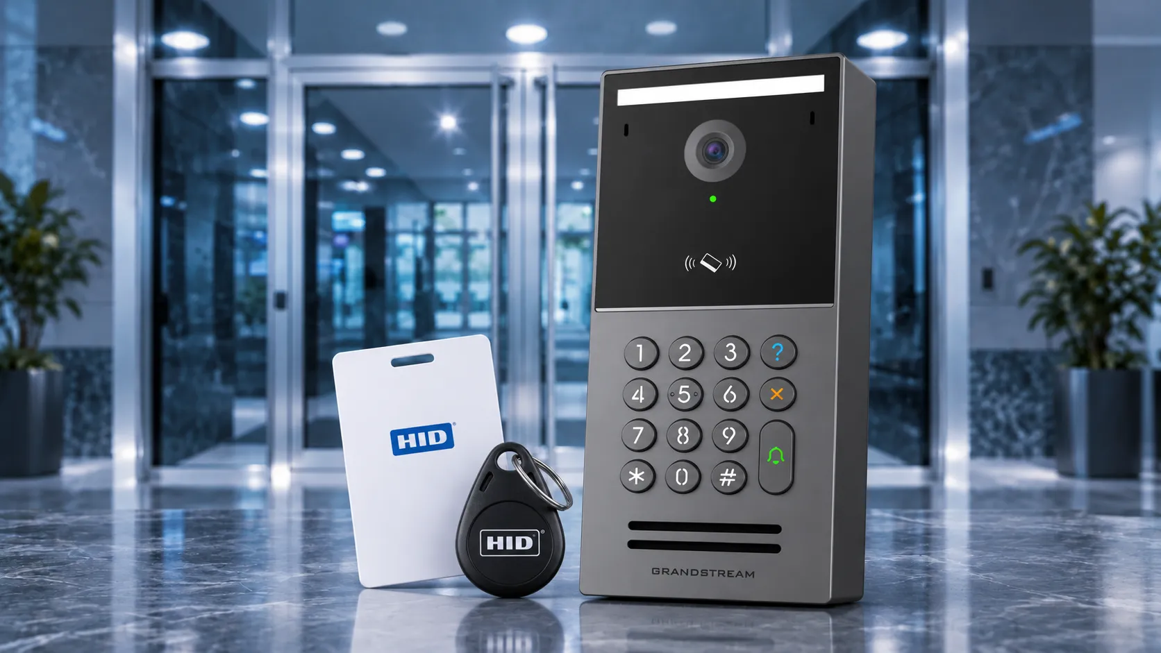 Access control keypad with camera and card reader icons, displayed with two HID access cards, set on a reflective surface in front of glass doors in a modern lobby.
