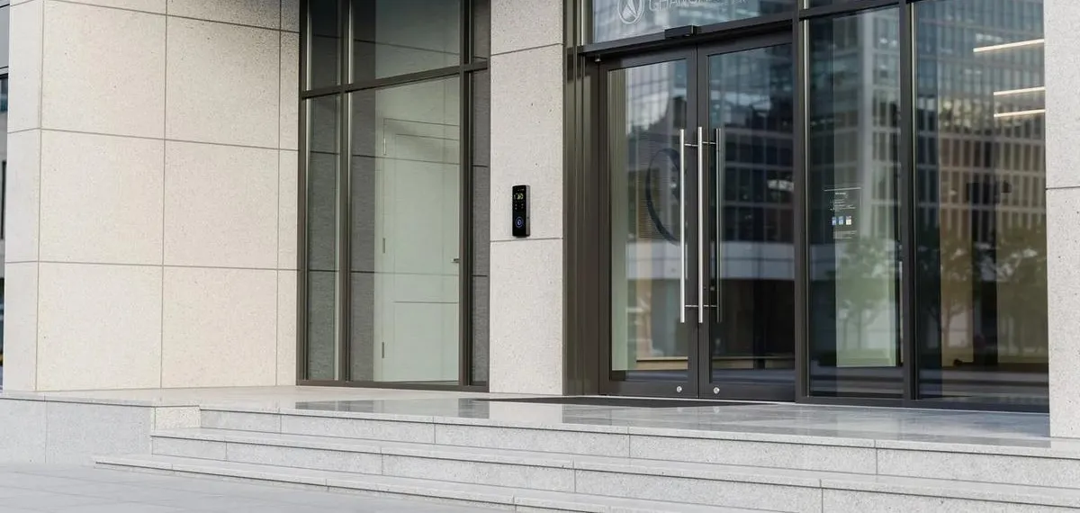 Modern building entrance with a set of steps leading up to double glass doors with metal handles and a black electronic access control panel mounted on the wall beside the door.