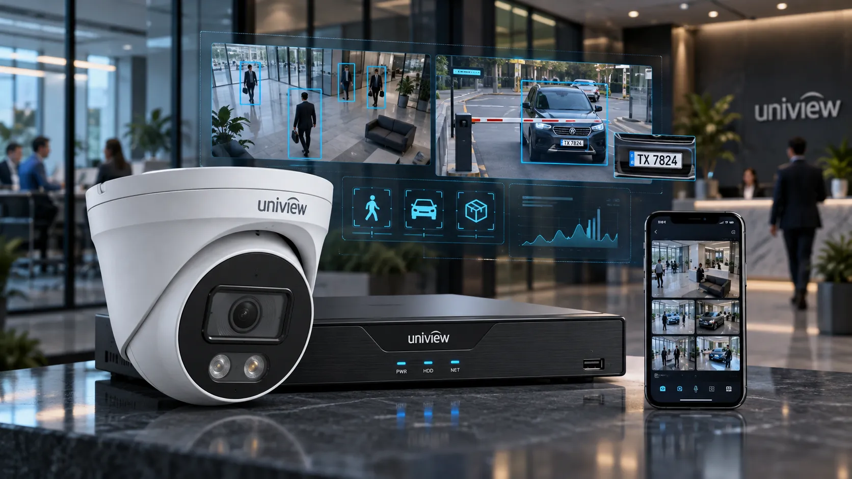 Uniview surveillance system with a dome security camera, a black DVR device, and a smartphone showing live camera footage in an office lobby; virtual overlays display detected people and vehicles with blue bounding boxes and a close-up of a car license plate marked TX 7824, along with icons for person, car, and package detection and a data graph.