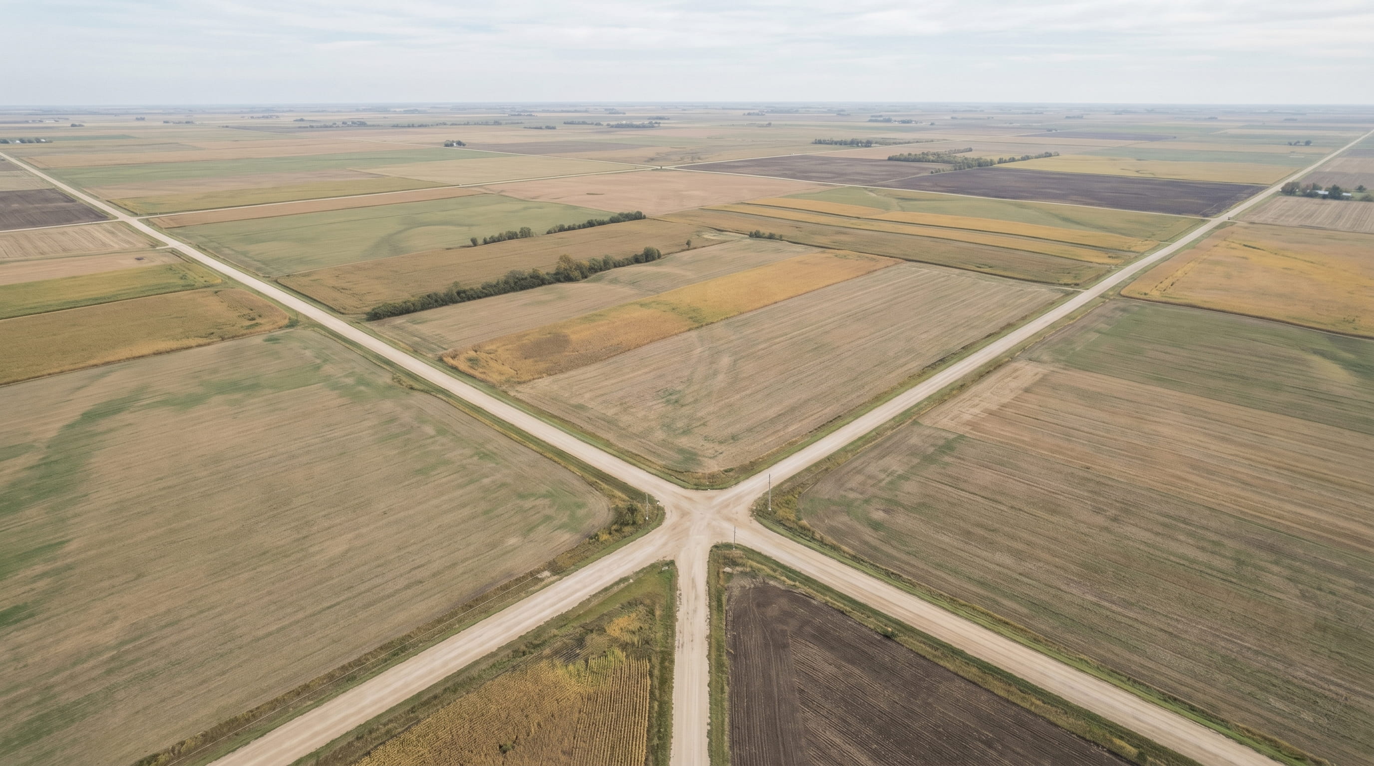 Aerial view of a rural crossroads with dirt roads intersecting amid large agricultural fields in various stages of cultivation.