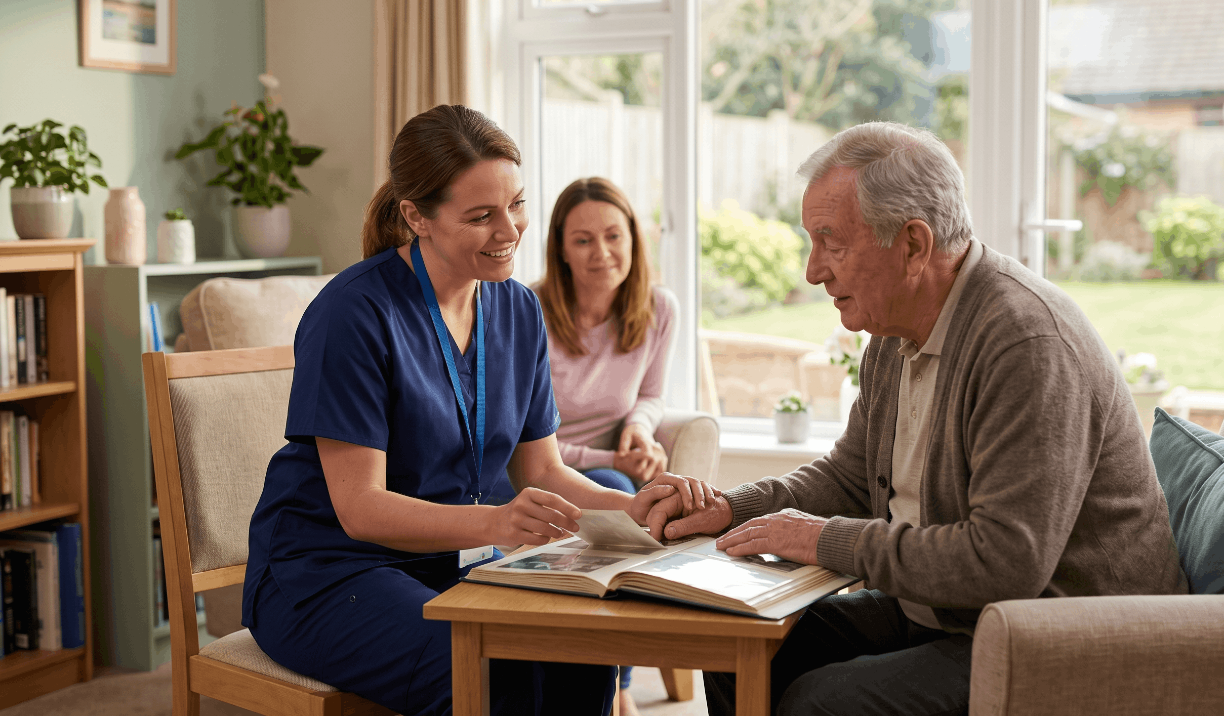 Healthcare worker in blue scrubs smiling while looking at a photo album with an elderly man, a woman sitting nearby in a cozy living room.