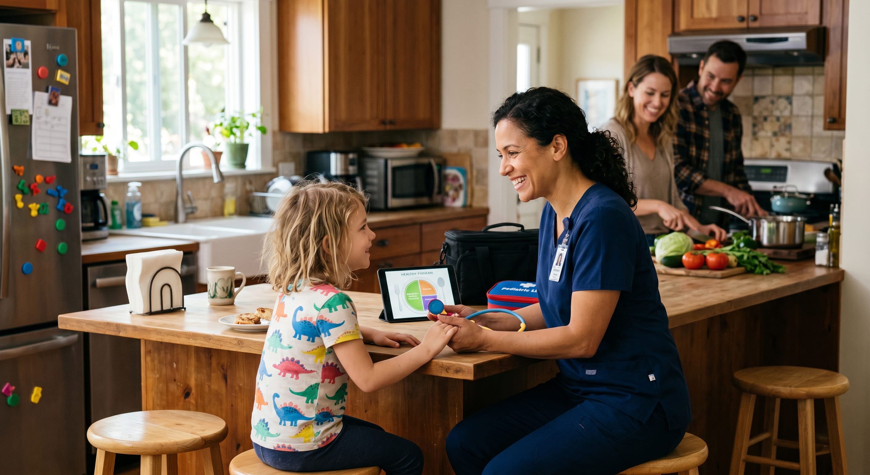 A female healthcare professional in blue scrubs smiles while holding hands with a young girl wearing a dinosaur shirt in a kitchen with a tablet showing a healthy eating chart, as a couple cooks in the background.