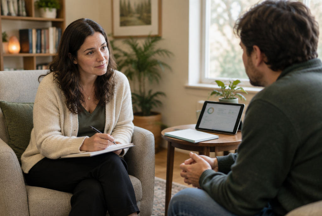 A behavioral health clinician and client in a warm, calm counseling session.
