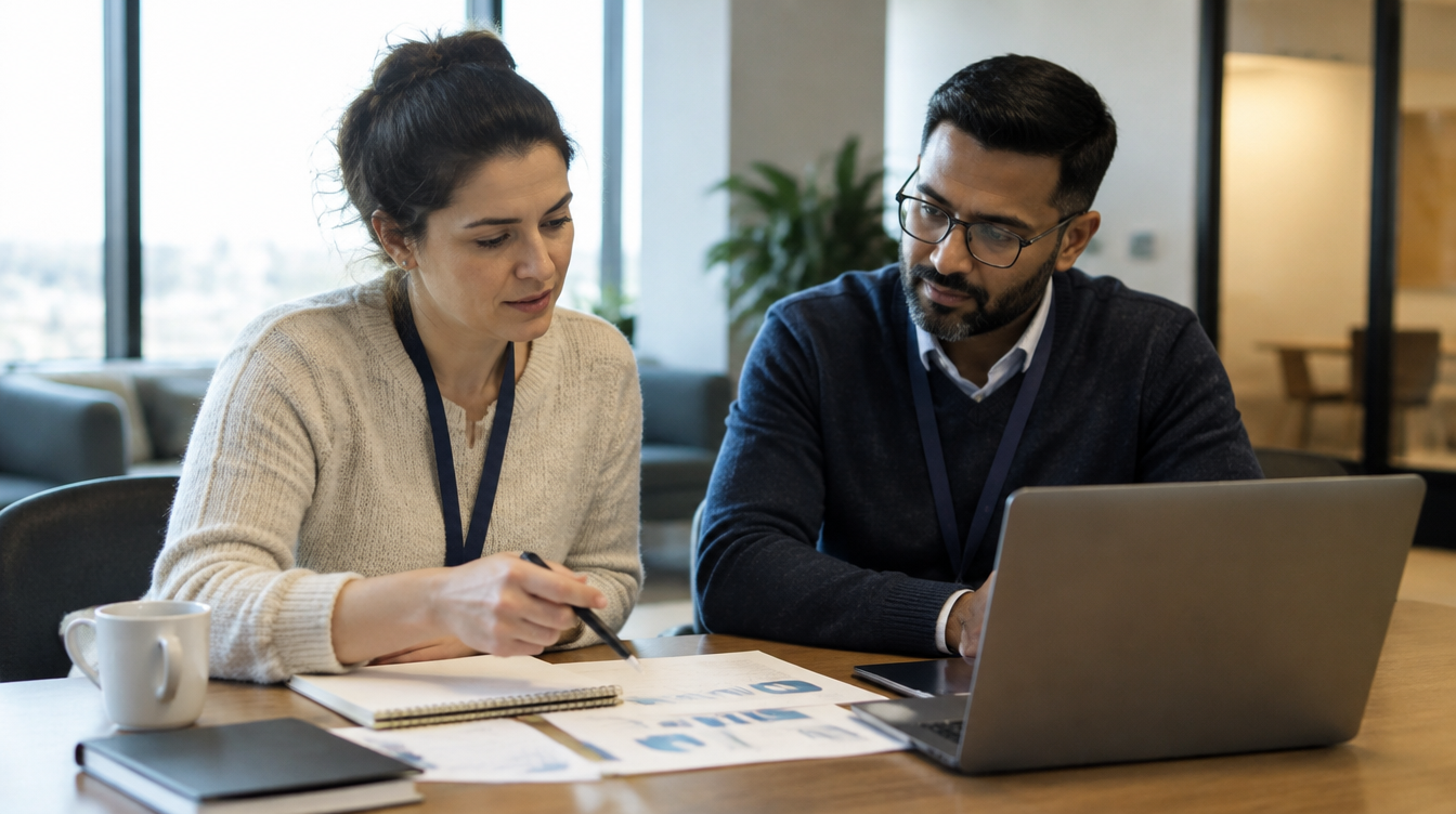 Two data professionals reviewing charts and a laptop dashboard together at a table, discussing data integration after a healthcare acquisition.