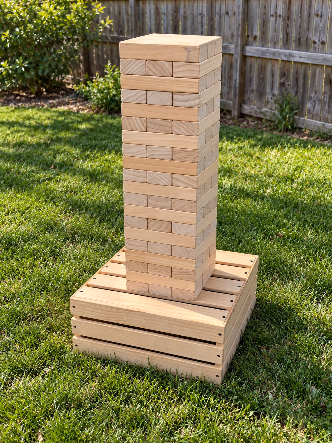 Giant Jenga wooden block tower on a slatted wooden base, set up on a lawn.