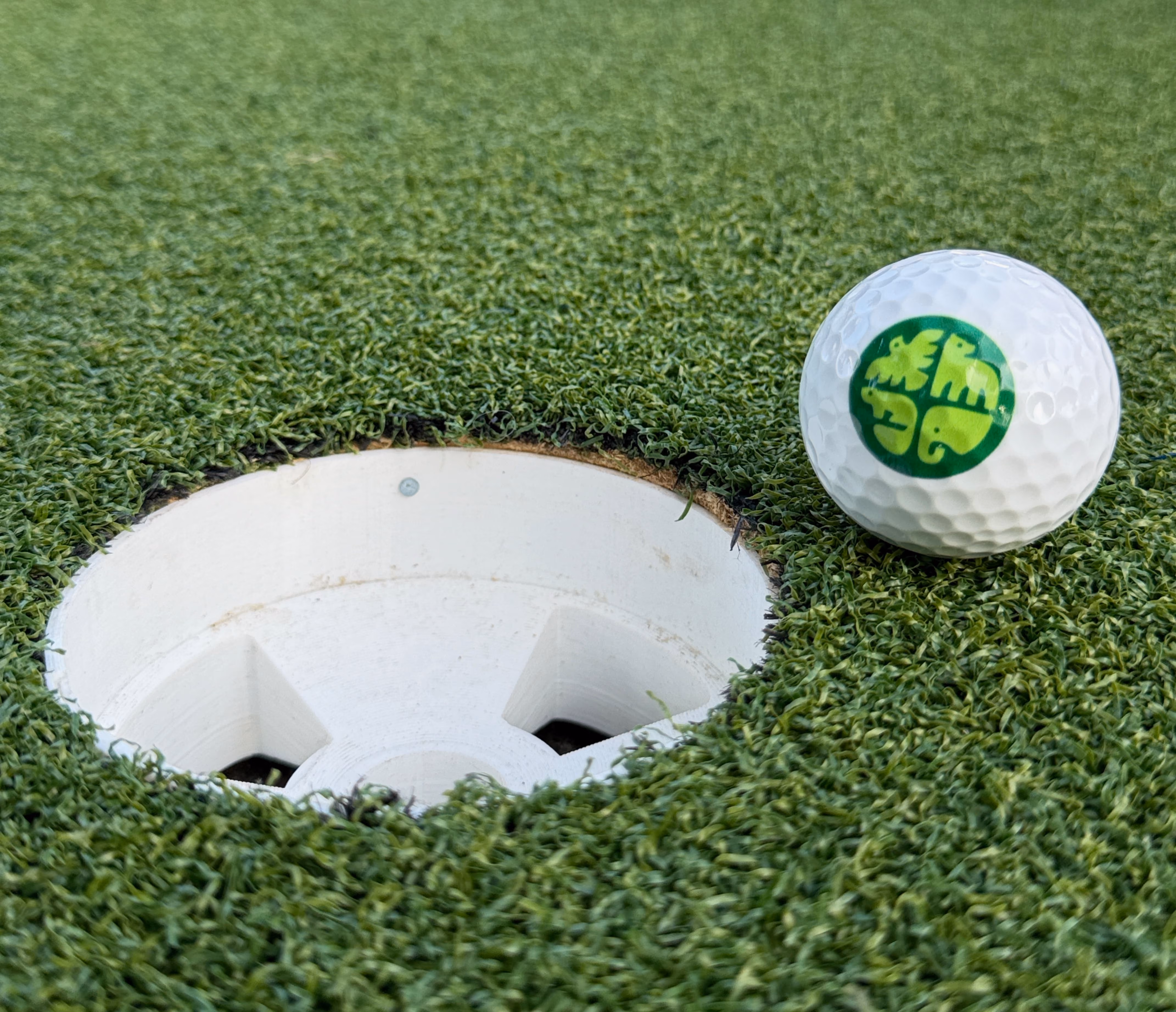 Golf ball with green and yellow logo rests on grass near a white golf hole cup.