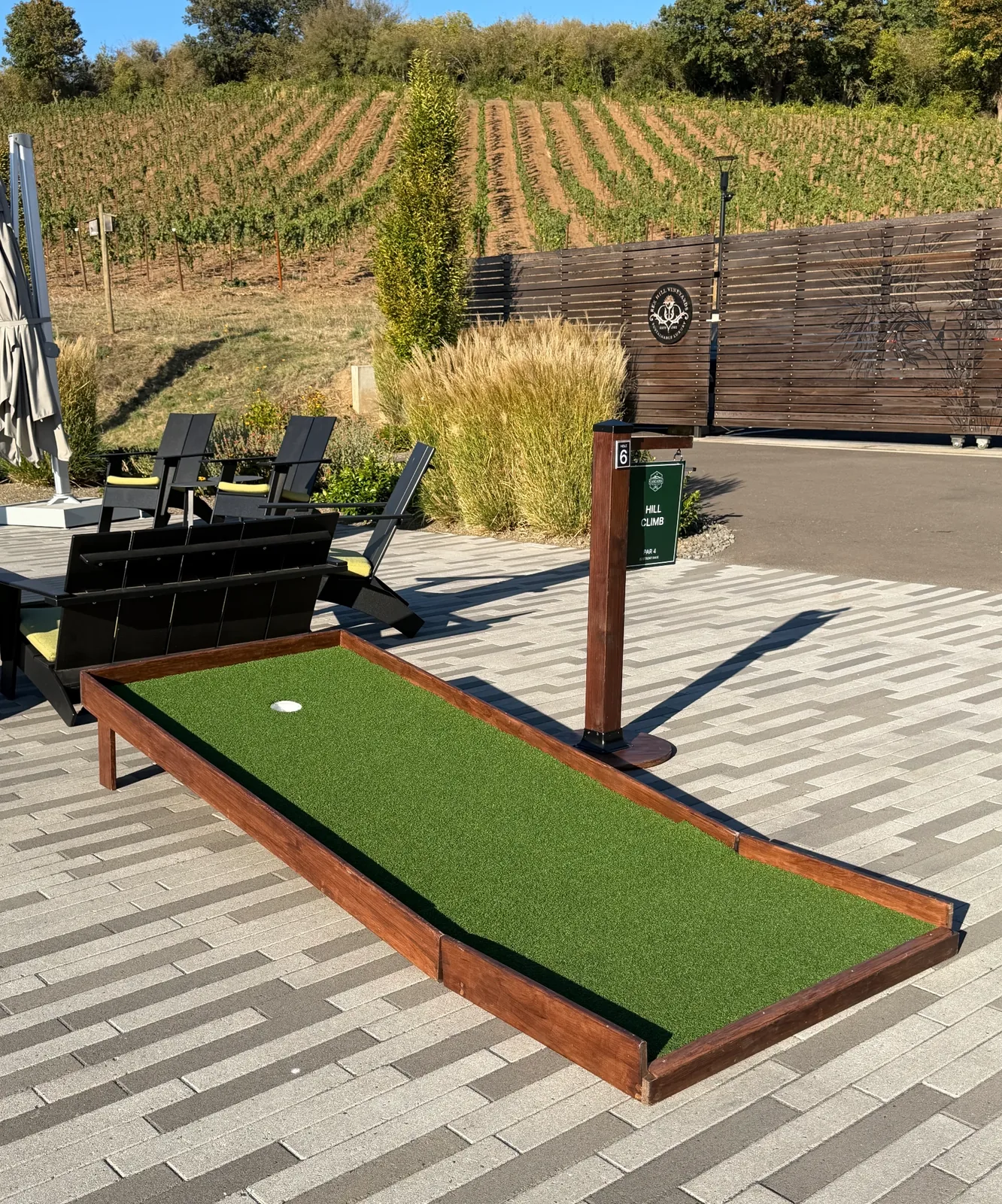 Mini golf hole on the REX HILL patio overlooking vineyard rows