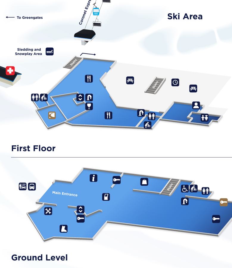 Map of ski area building showing first floor with dining and amenities, and ground level entrance with services.