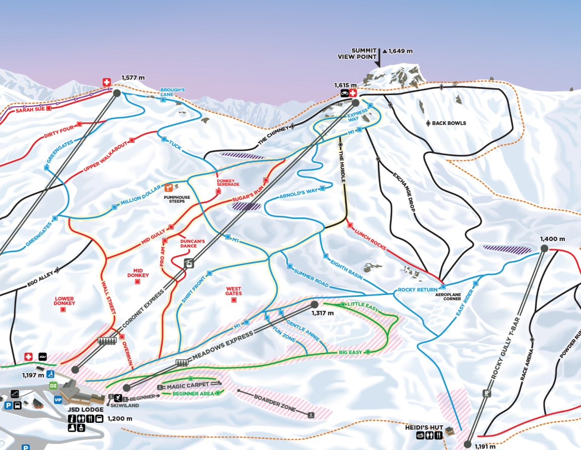 Coronet Peak ski trail map showing lifts, runs, lodges, and elevations from 1,191m to 1,649m.