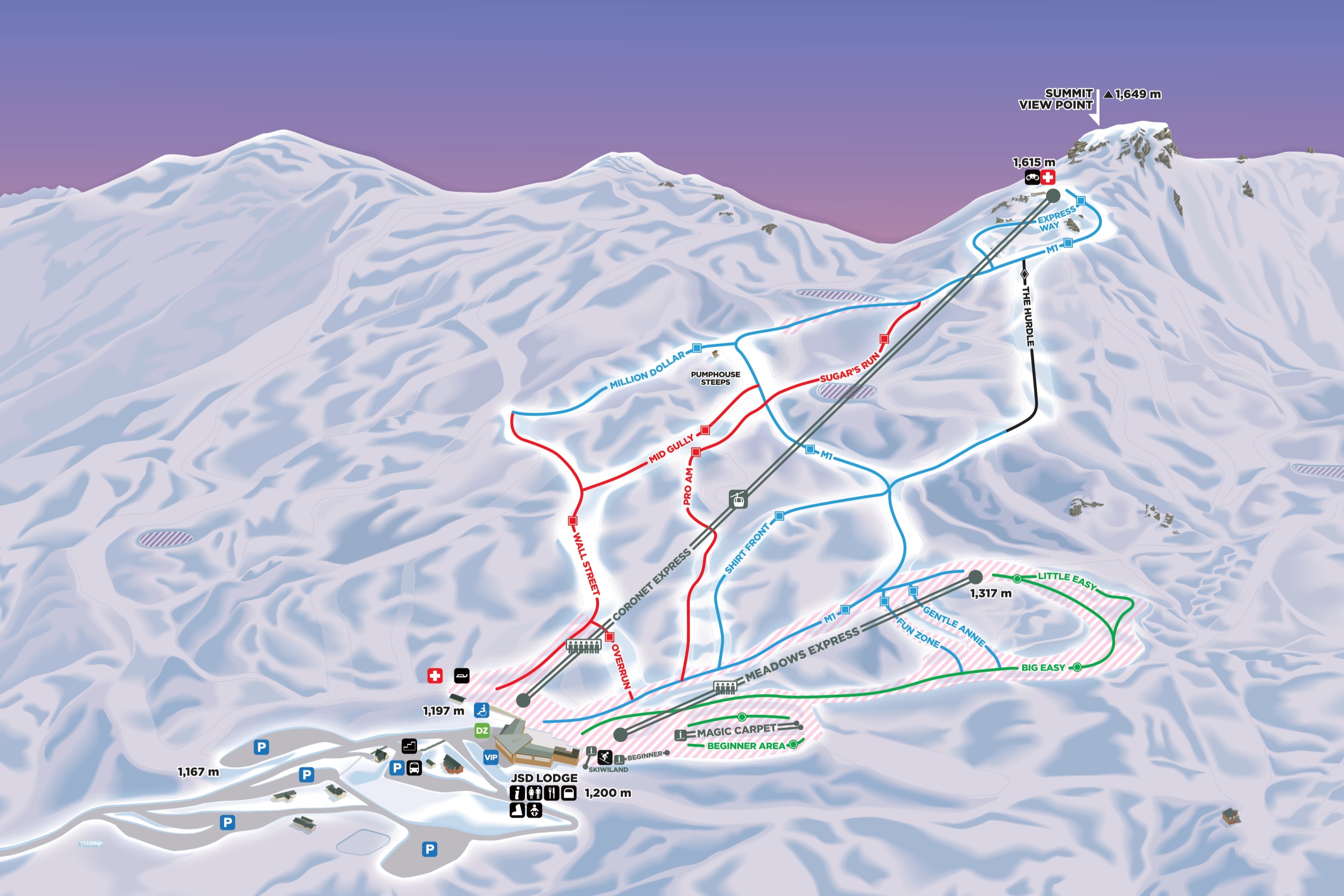 Coronet Peak ski trail map with runs, lifts, summit, and beginner area shown on snowy mountain.