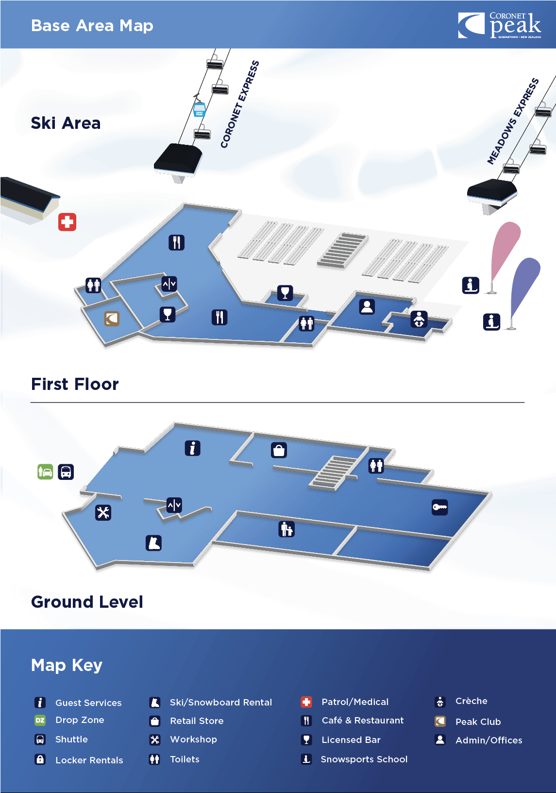 Base area map of Coronet Peak ski resort showing first floor and ground level amenities and ski lifts.