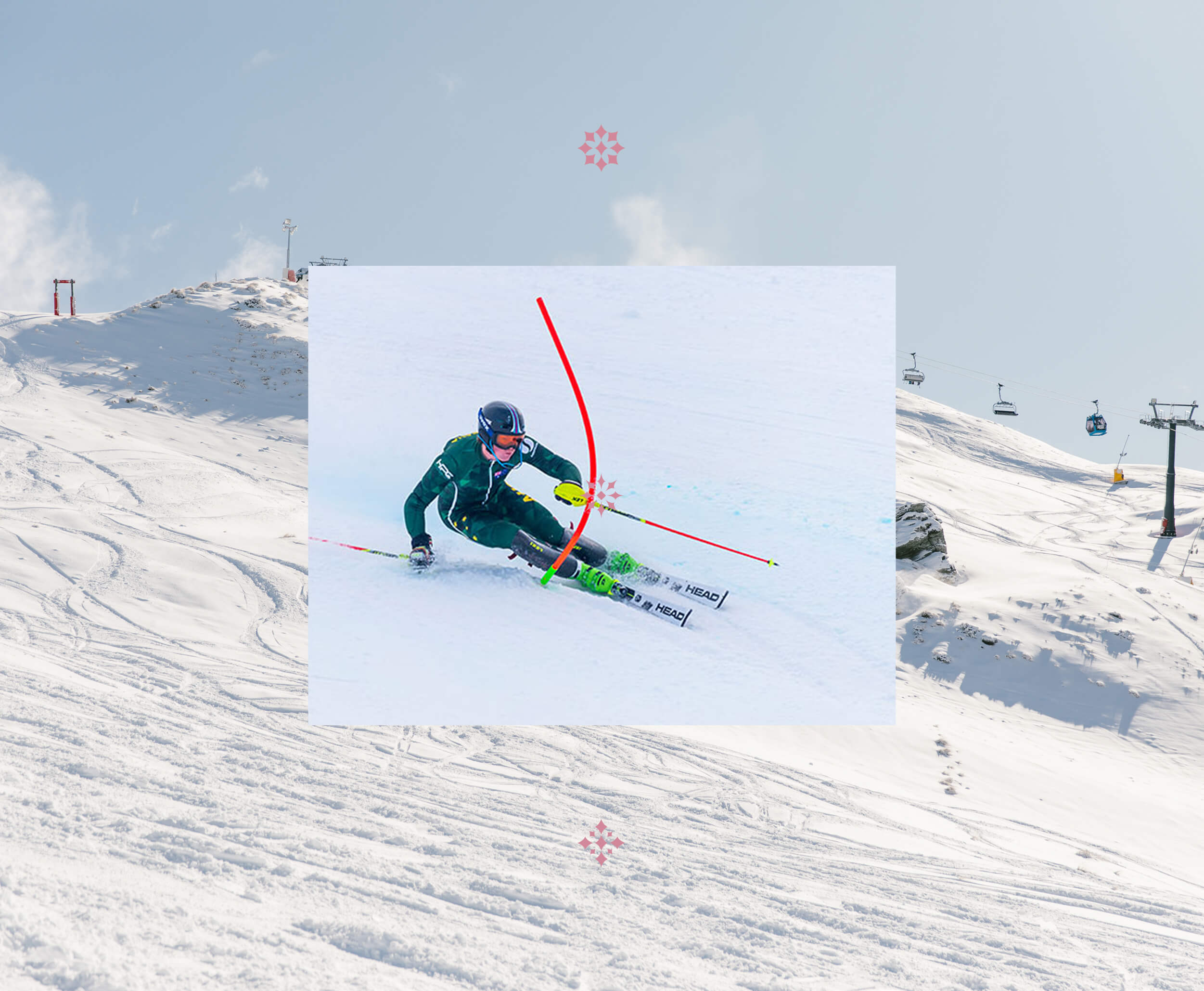 Skier in green suit carving a turn on snowy slope with ski poles and helmet.