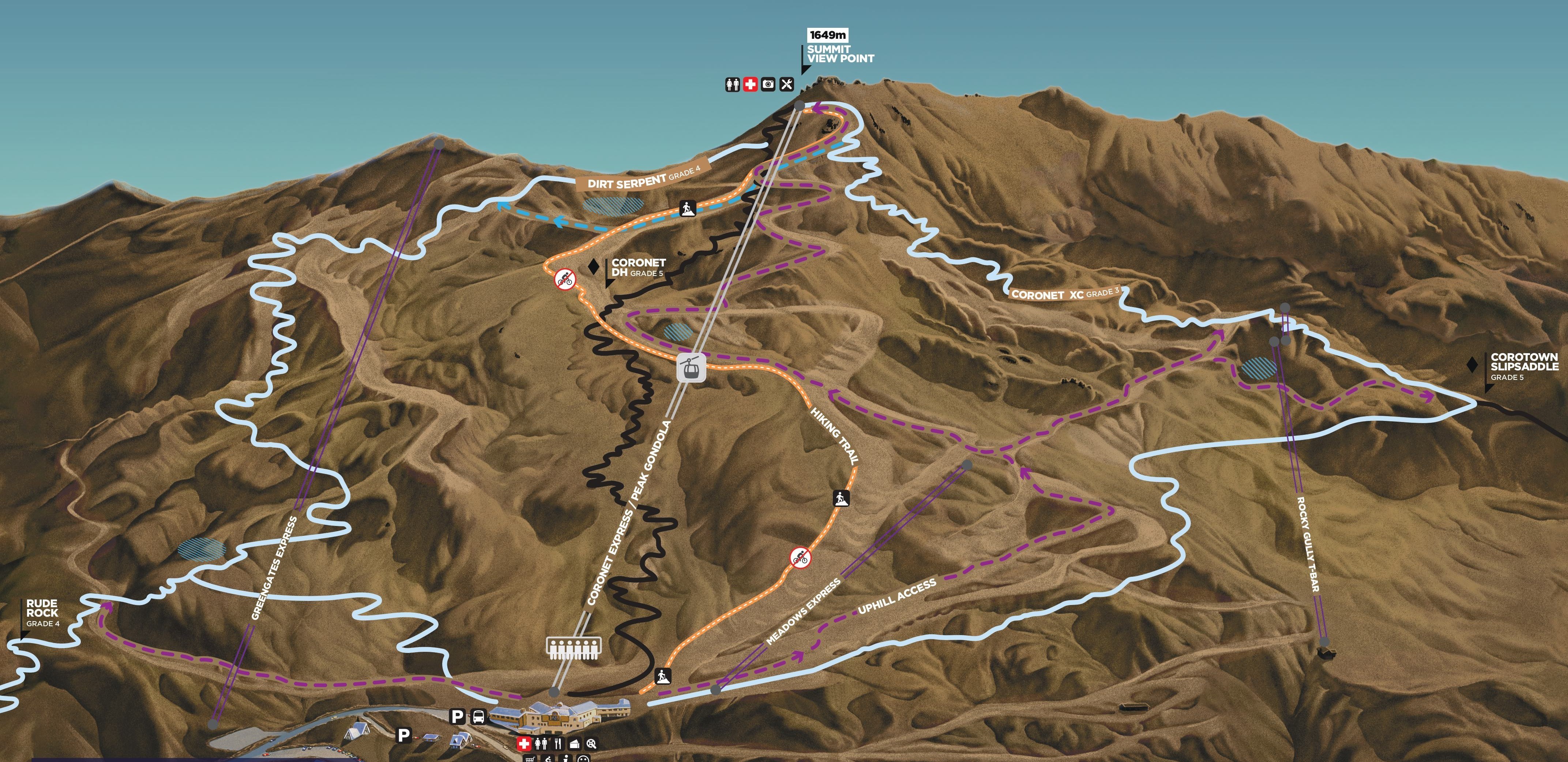 Mountain bike trail map showing routes, lifts, and hiking trails with summit viewpoint at 1649m.