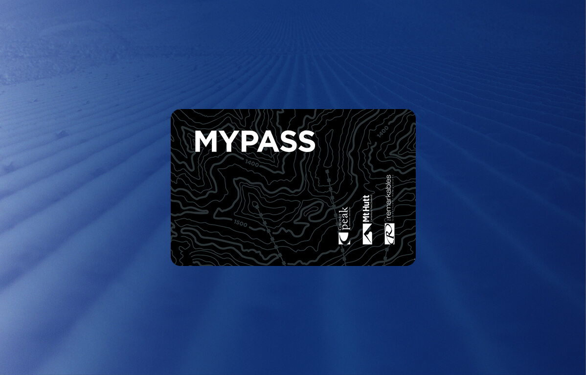 Black pass card labeled MYPASS with topographic map lines and three logos at the bottom right.
