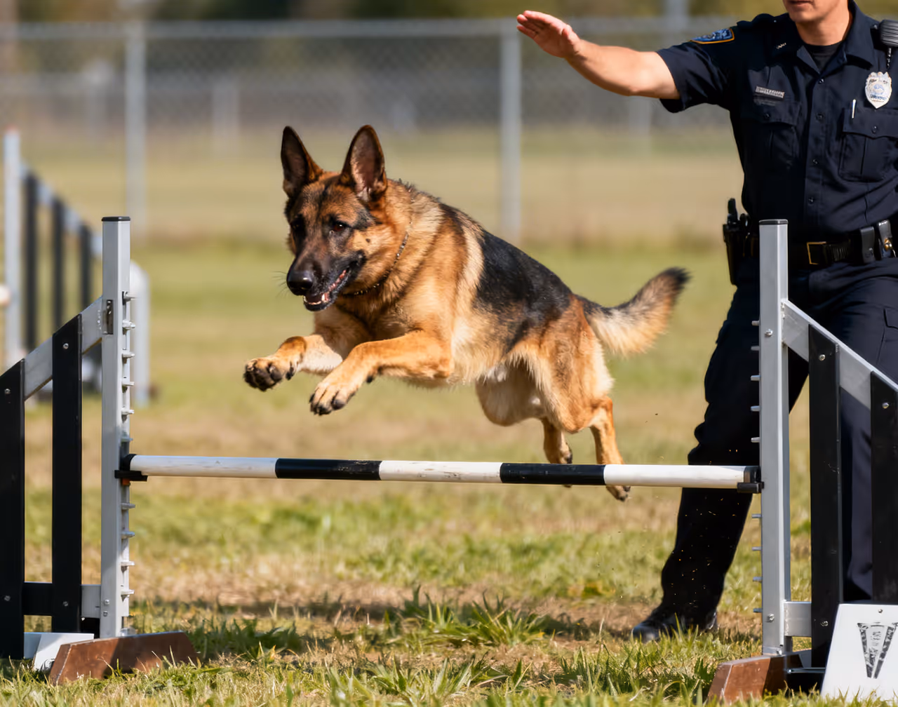 German shepherd jumping over agility hurdle beside a police officer in uniform outdoors.