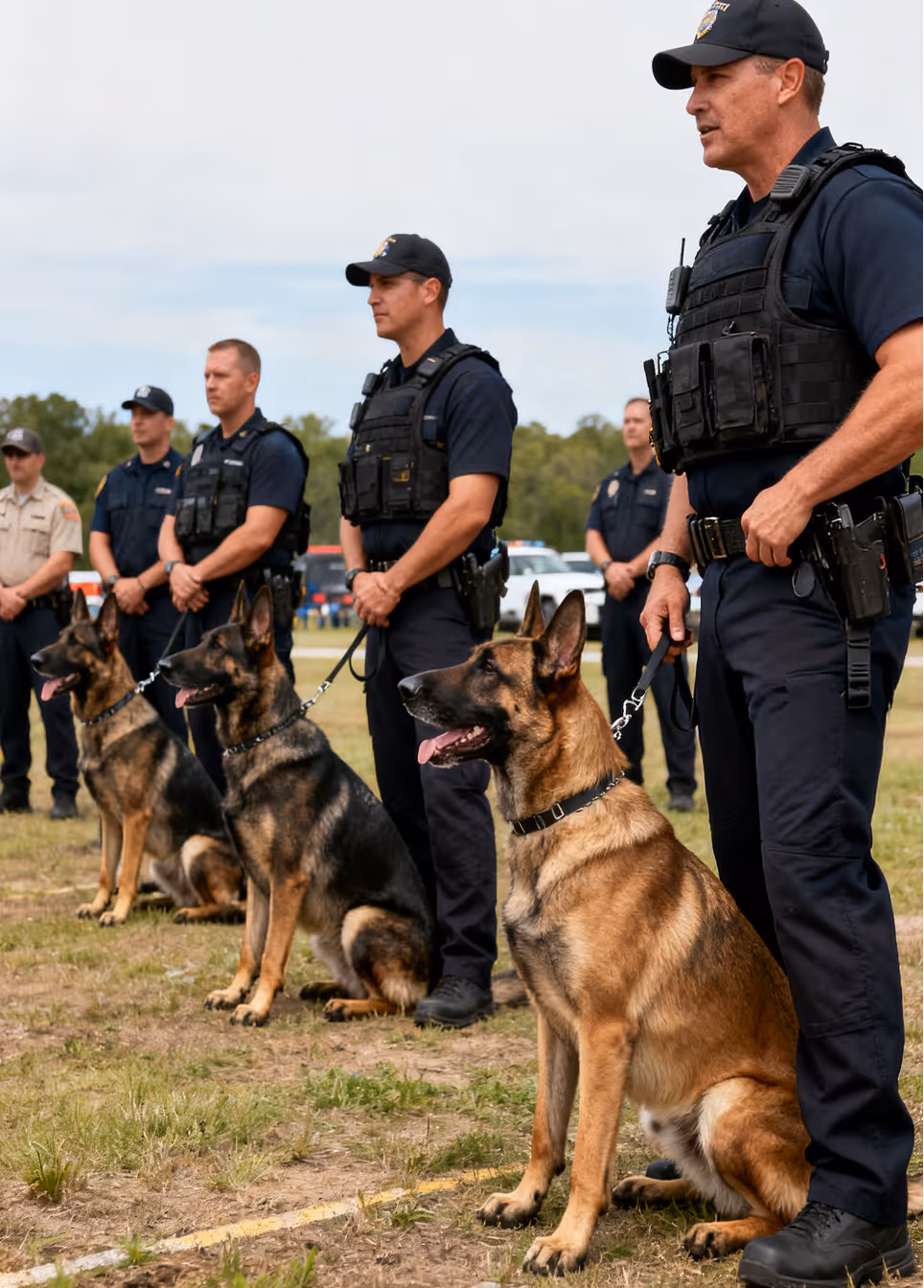 Four police officers standing with three German Shepherd police dogs on leashes outdoors.