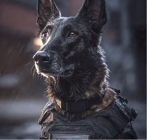 Alert black and brown tactical dog wearing a protective vest against a blurred background.