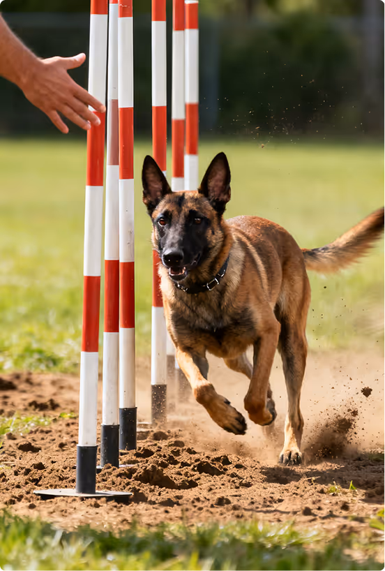 German shepherd dog weaving through agility poles on dirt with a trainer's hand guiding.