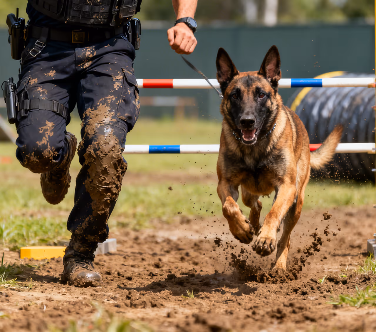 Police officer with mud on pants runs alongside a Belgian Malinois dog jumping over an agility hurdle.